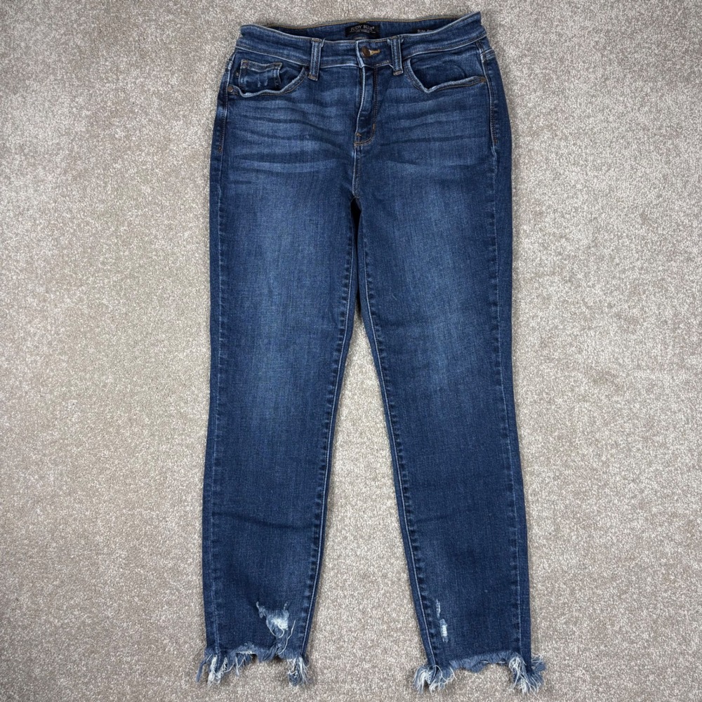 Judy Blue Los Angeles Slim Fit Dark Wash Frayed Raw Hem Jeans 7/28 Distressed